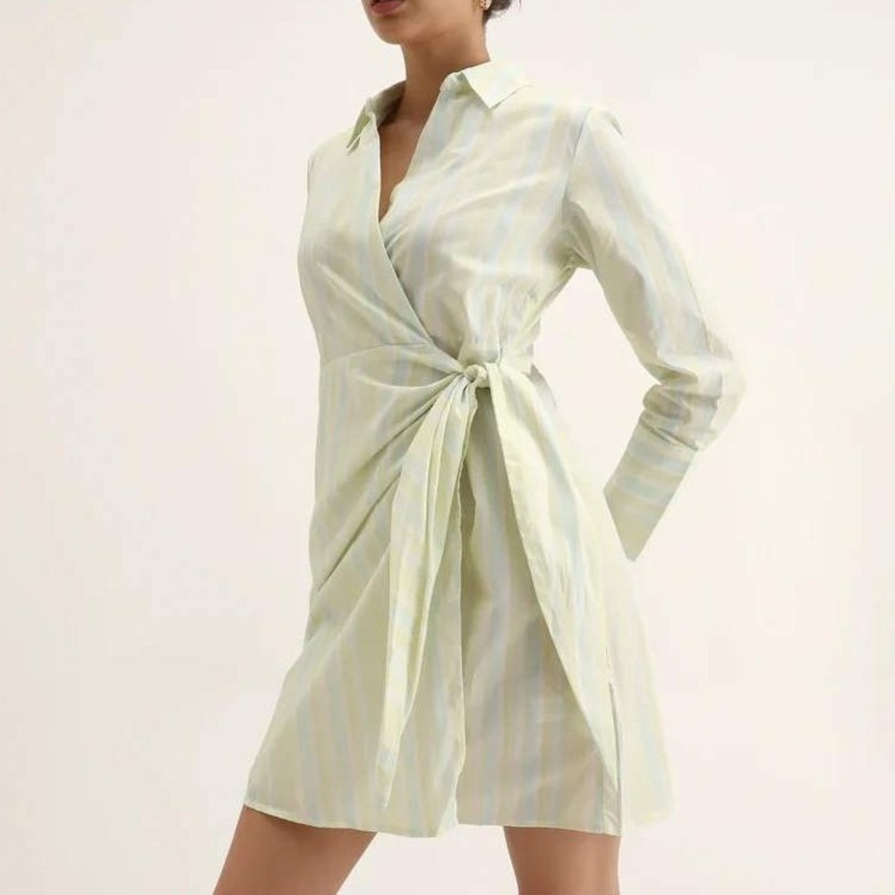 Rareism Pastel Striped Wrap Shirt Dress Yellow Blue White Mini Small NWT